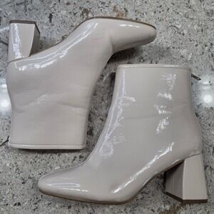 SheIn Womens Size 10 Beige Patent Leather Block Heel‎ Ankle Booties Square Toe